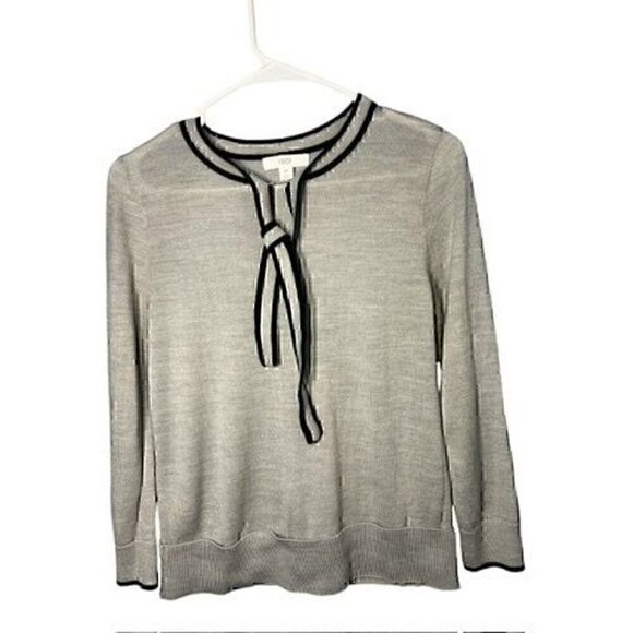 1901 Womens Grey Sweater With Black Trim & Tie Neckline, preppy, 50% Merino wool - Picture 1 of 7